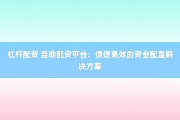 杠杆配资 自助配资平台:便捷高效的资金配置解决方案